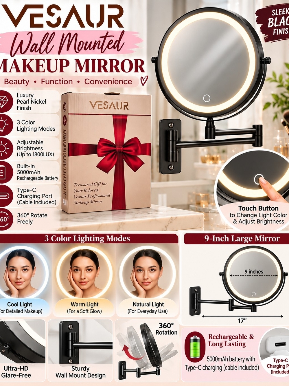 NWT VESAUR 9” Black Wall Mounted LED Makeup Mirror